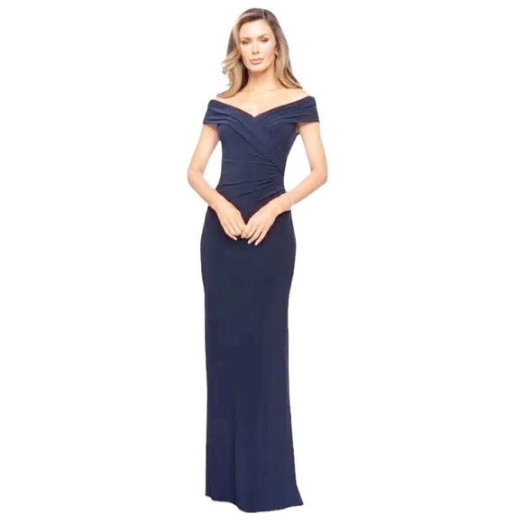 La Femme Off Shoulder Navy Blue Formal Gown - Picture 1 of 14